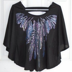 Black Drapey Top w/ Metallic Feathers Cut Out Back Witchy Goth Flowy Medium